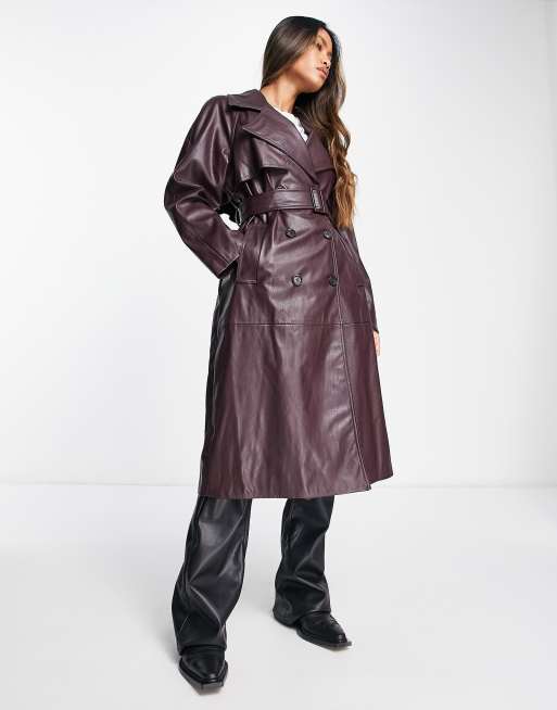 Bershka faux leather trench coat in burgundy