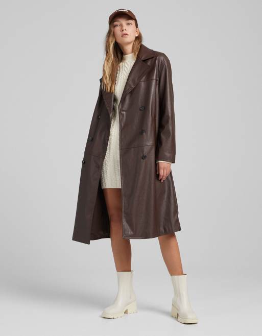 Bershka faux leather trench coat in chocolate brown 
