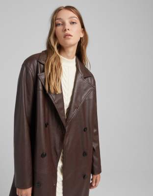 faux leather brown trench coat