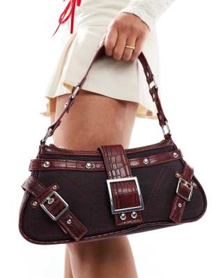 Bershka faux leather trim shoulder bag in burgundy-Purple