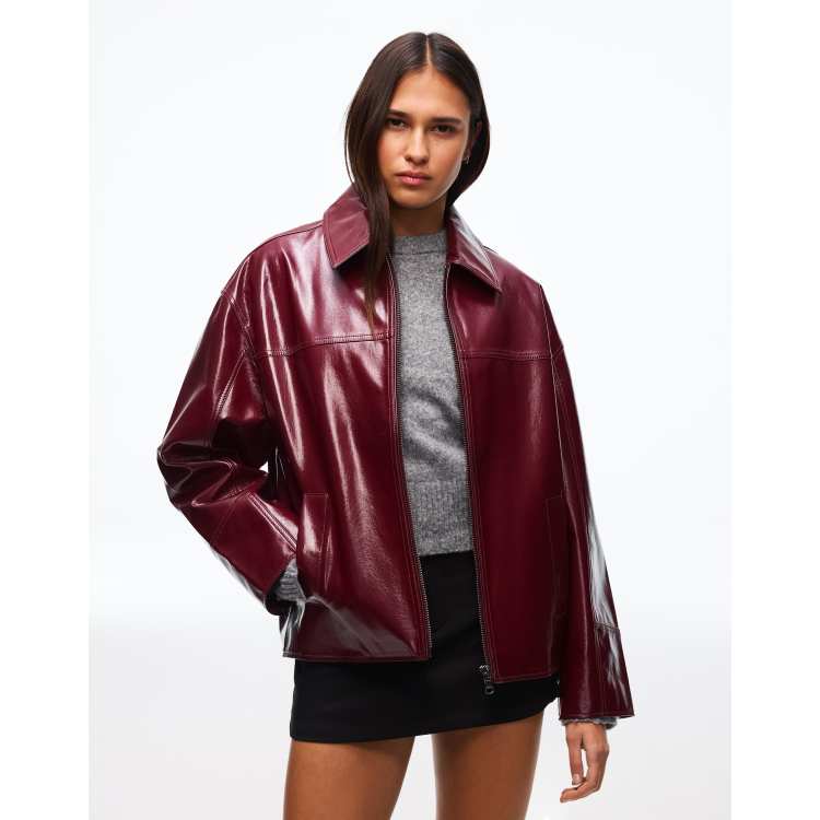 Bershka Faux leather trucker jacket in red | ASOS