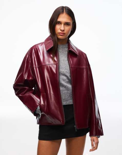 Bershka Faux leather trucker jacket in red