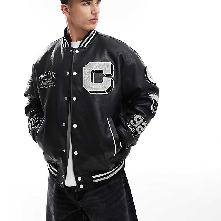 Bershka faux leather varsity jacket in black | ASOS Bershka faux leather varsity jacket in black | ASOS