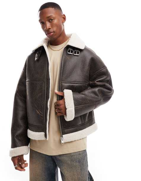 Bershka faux leather washed jacket with shearling in brown - view 1