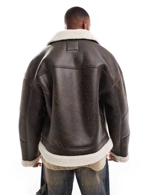 Bershka faux leather washed jacket with shearling in brown