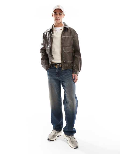 Bershka faux leather washed vintage jacket in brown | ASOS