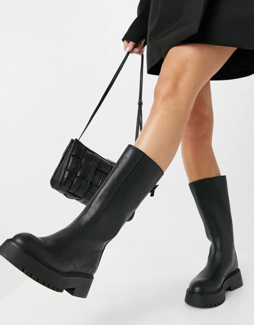 Bershka faux leather wellie boots in black