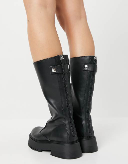 Bershka faux leather wellie boots in black