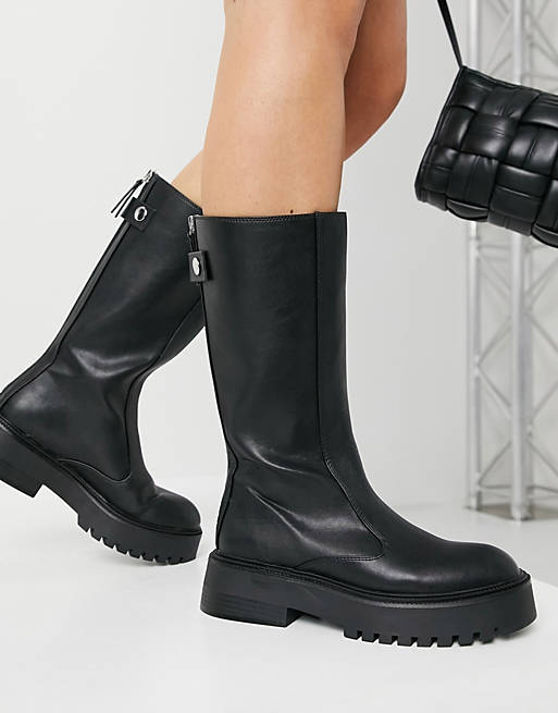 Bershka faux leather welly boot in black | ASOS