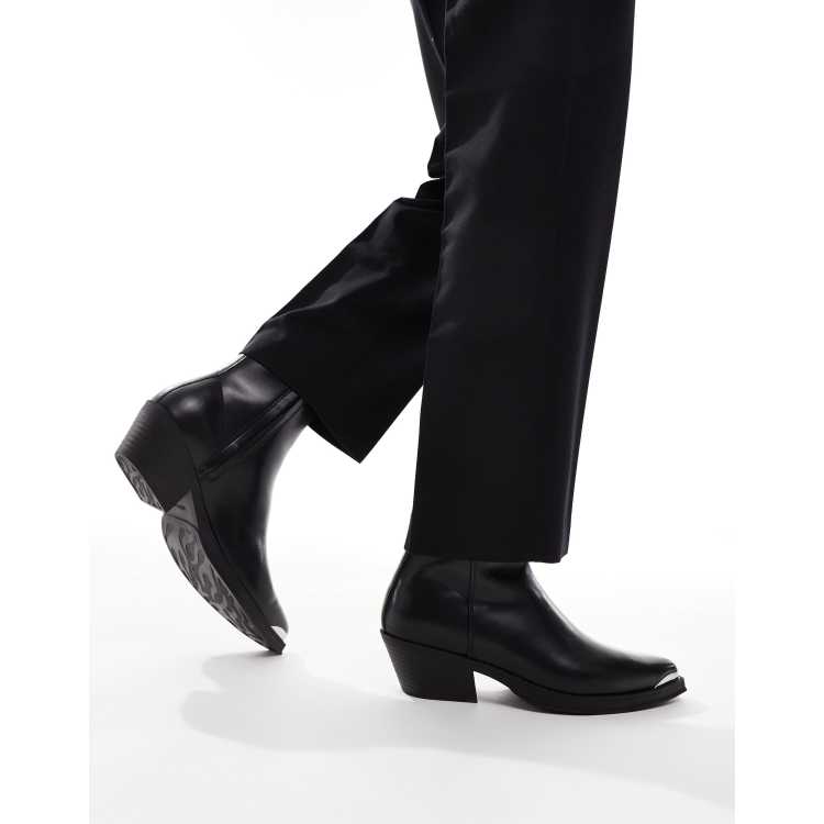 Bershka faux leather western boots in black ASOS