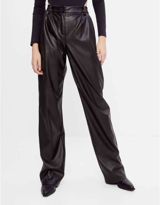 Bershka Faux Leather Wide Leg Pants In Black 56 OFF