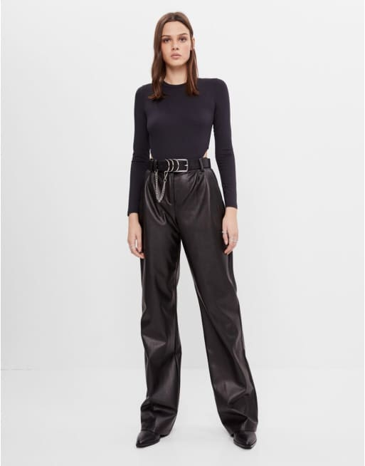 Bershka faux leather flared pants in black, ASOS