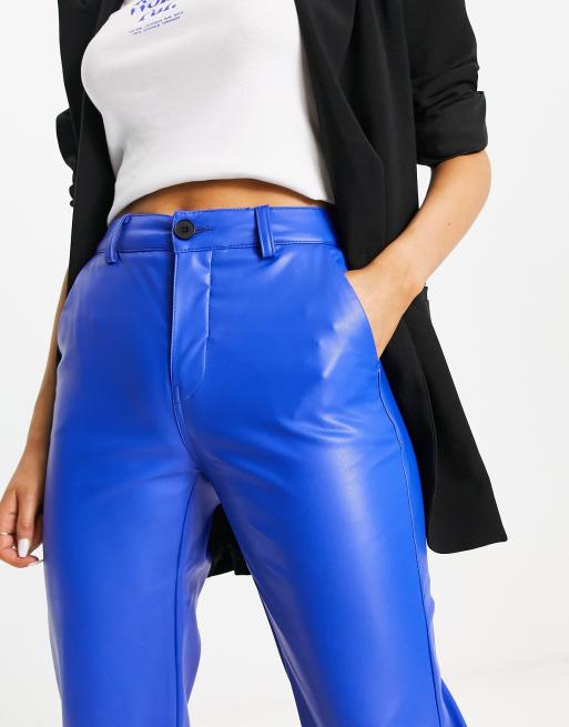 Bershka faux leather wide leg tailored trousers in blue