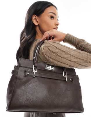 faux leather work bag in chocolate-Brown