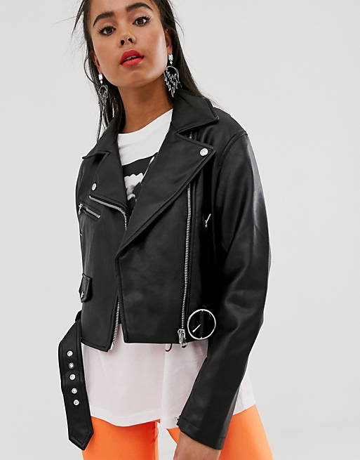 Bershka faux leather zip detail jacket in black | ASOS