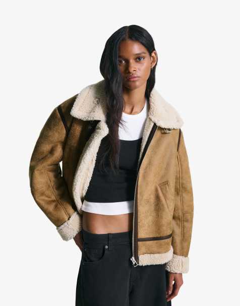 Bershka Faux shearling biker jacket in camel - view 1
