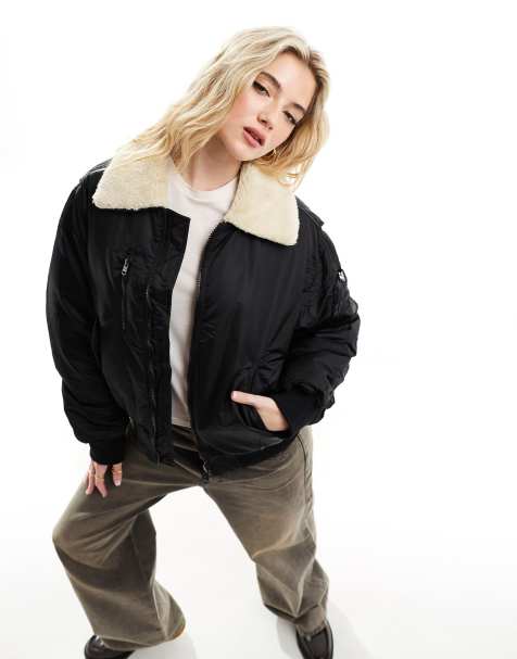 Bershka faux shearling collar padded bomber jacket in black - view 1