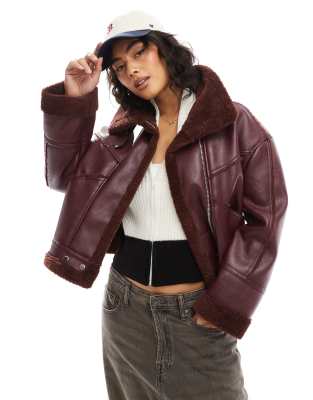 faux shearling oversized jacket in burgundy-Red