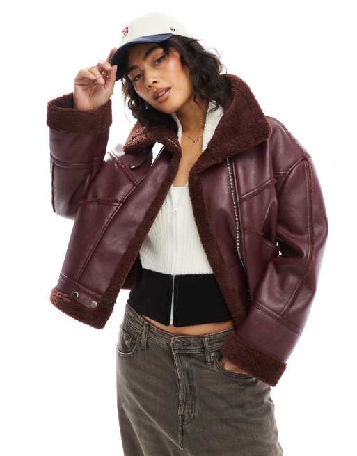 Bershka faux shearling oversized jacket in burgundy