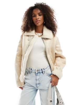 Shop Bershka Faux Shearling Trim Aviator Jacket In Neutral