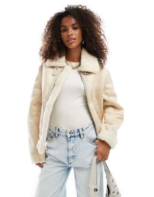 Bershka Faux Shearling Trim Aviator Jacket In Cream Contrast-neutral