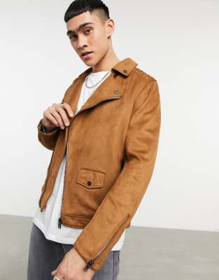 Bershka Faux Suede Biker Jacket In Tan brown ModeSens