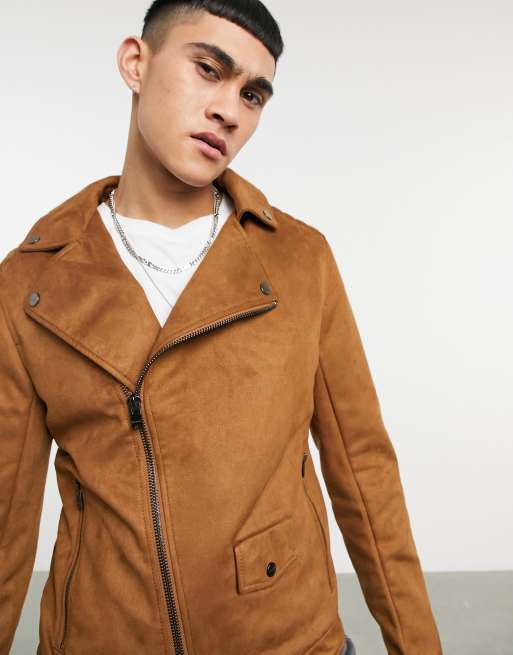 Faux Suede Biker Jacket In Tan