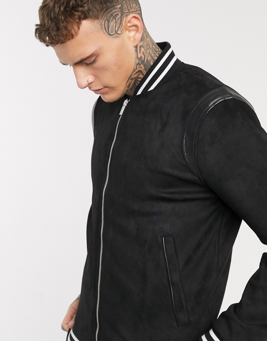 Bershka faux suede bomber jacket with PU detailing in black