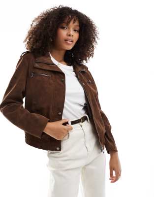 Bershka Faux Suede Boxy Jacket In Chocolate-brown