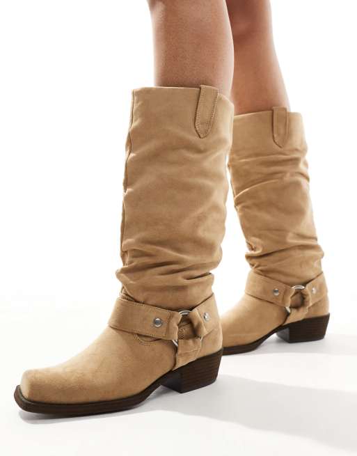 Bershka Beige Suede Slouch Boots Knee High Bershka Bottes Beige