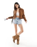 [Bershka] Bershka faux suede cropped jacket in dark tan-Brown XS TAN