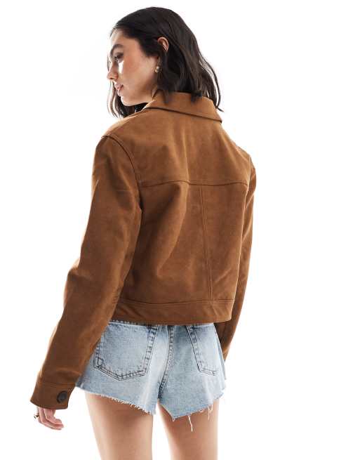 ☆ドイツ発*BERSHKA*新作*フェイクスエードジャケット/BROWN☆ Bershka faux suede cropped jacket in dark tan | ASOS