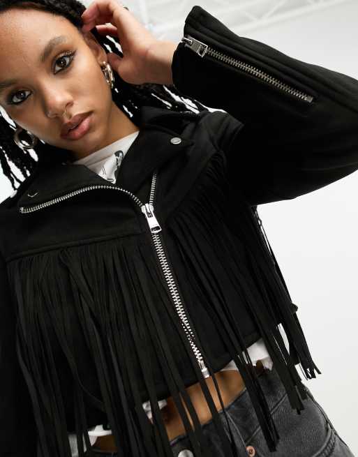 Black Faux Leather Fringe Moto Jacket