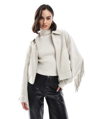 Bershka Faux Suede Fringe Detail Jacket In Neutral