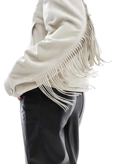 Bershka faux suede fringe detail jacket in ecru | ASOS