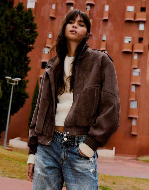 Bershka Faux suede funnel neck jacket in brown - view 1