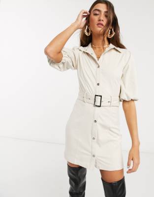 Bershka Faux Suede Shirt Dress In Ecru White Modesens