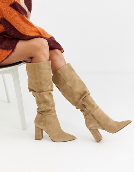 Bershka faux suede slouch knee high boots in sand