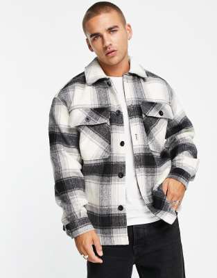 Bershka faux wool check shirt jacket in black/white