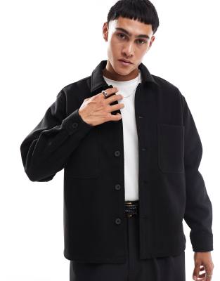 faux wool overshirt in black