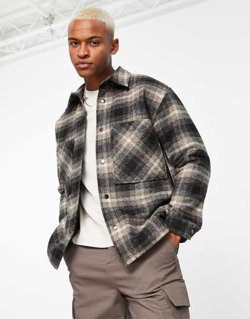 Bershka faux wool oversized check shirt jacket in brown | ASOS