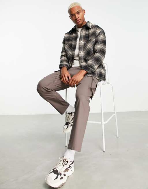 Bershka faux wool oversized check shirt jacket in brown