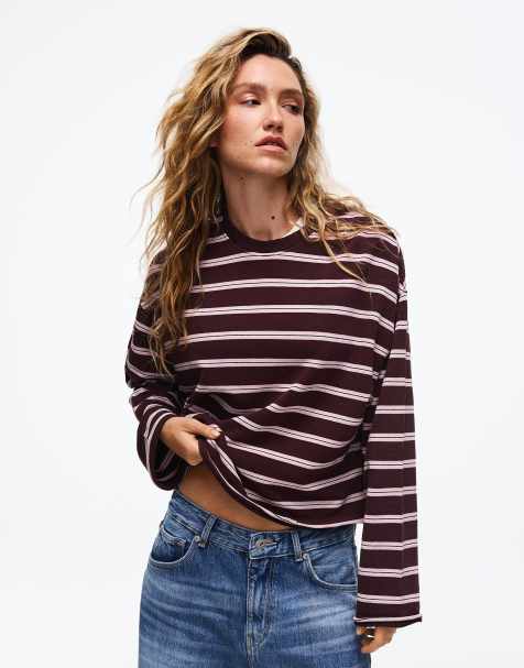 Bershka - Felpa bordeaux a righe con scollo rotondo - view 1