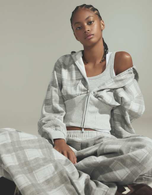 Bershka felpa con cappuccio a quadri con zip, grigio chiaro, 4 di 6