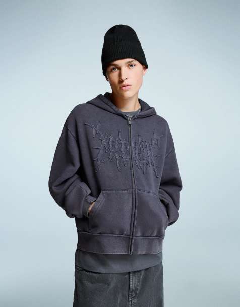 Bershka - Felpa con cappuccio blu medio taglio corto squadrata con zip - view 1