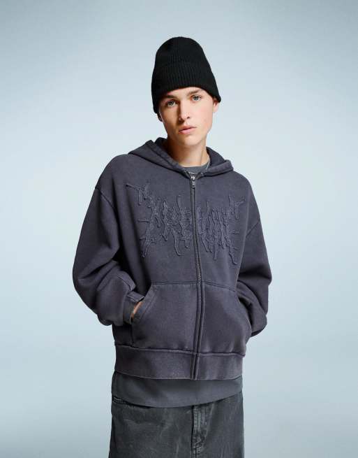 Bershka - Felpa con cappuccio blu medio taglio corto squadrata con zip