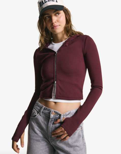 Bershka - Felpa con cappuccio bordeaux in misto modal con zip - view 1