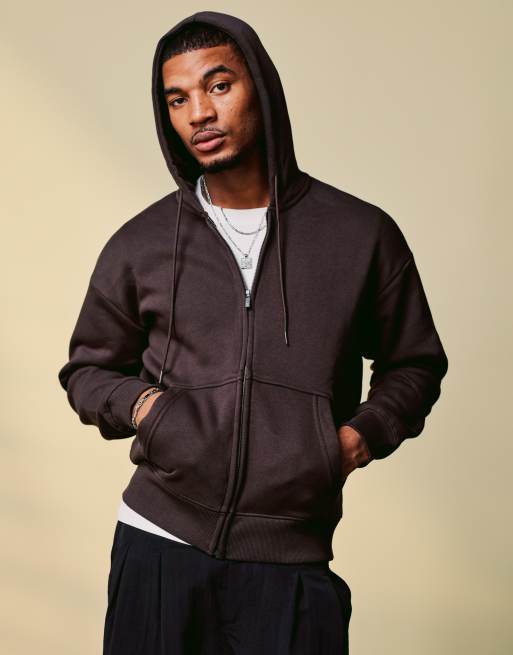 Bershka - Felpa con cappuccio della tuta color cioccolato slavato con zip
