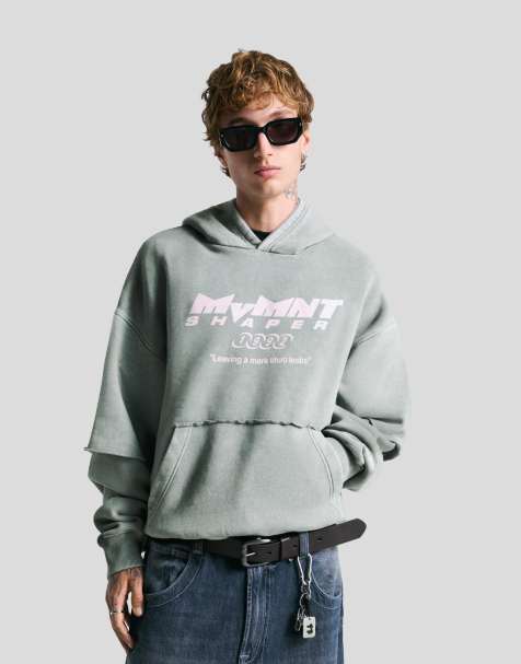 Bershka - Felpa con cappuccio e doppia manica grigio chiaro con stampa - view 1