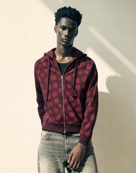 Bershka felpa con cappuccio e zip con stampa bordeaux - view 1